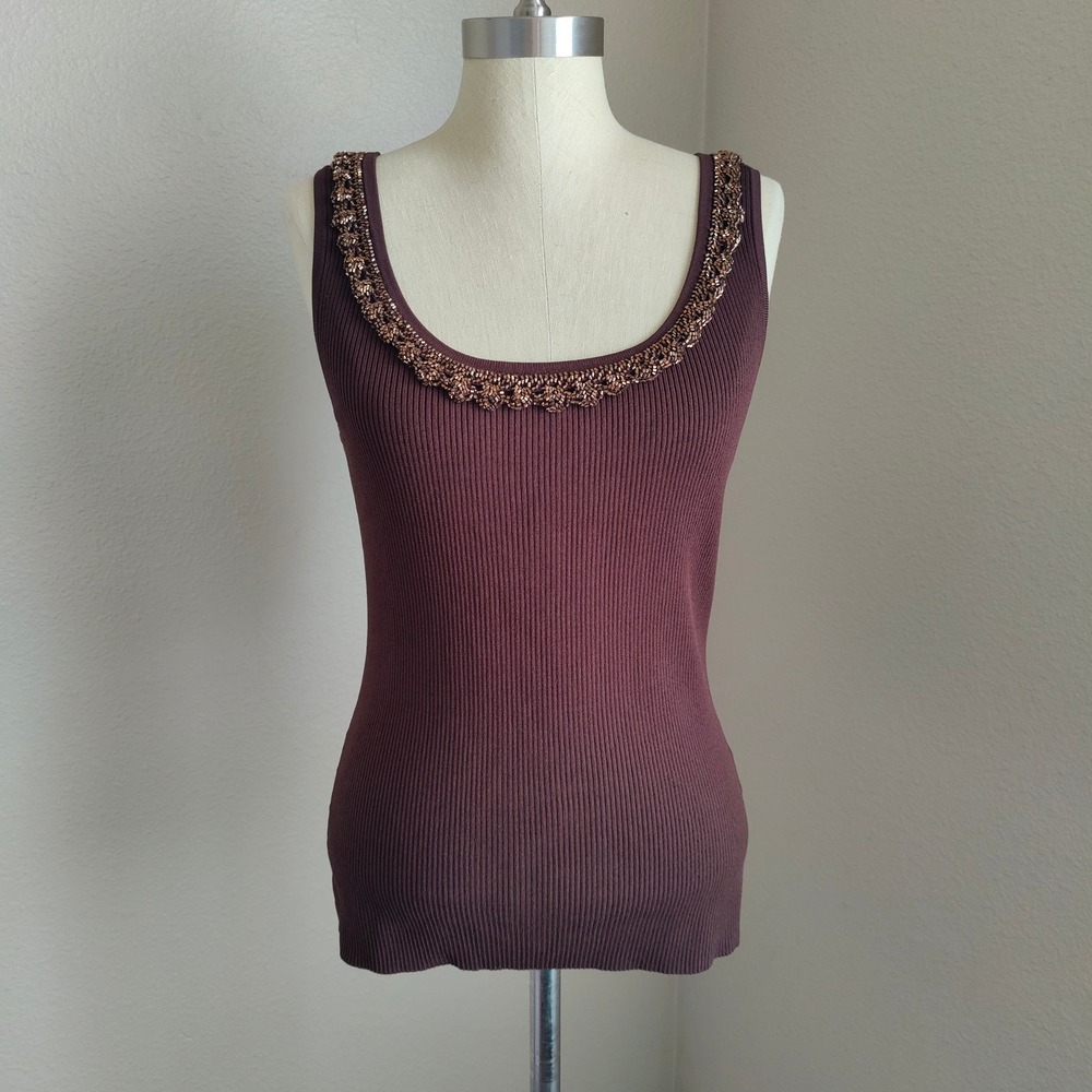 Vintage Cache‎ Y2K Ribbed Knit Tank Beaded Crochet Trim Brown L Fairycore Basics